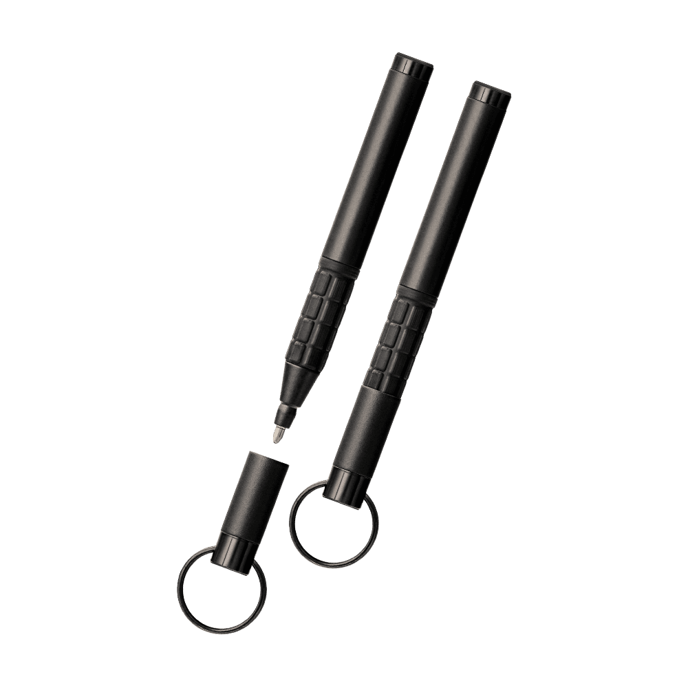 Left: Open 725B matte black trekker space pen with rubber grip and key ring
Right: Closed 725B matte black trekker space pen with rubber grip and key ring