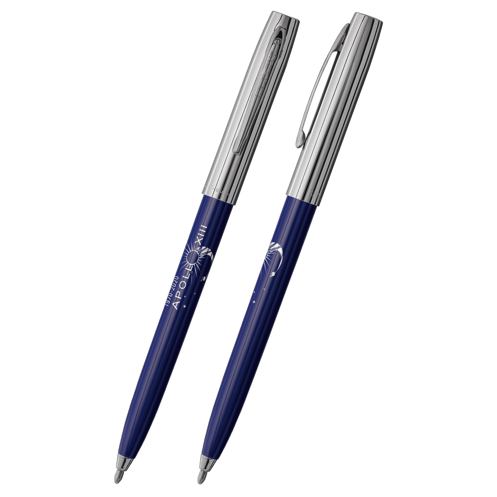 Front and side views of cap-o-matic space pen with blue plastic barrel, chrome cap with clip, chrome tip, and imprinted silver Apollo 13 50th Anniversary.