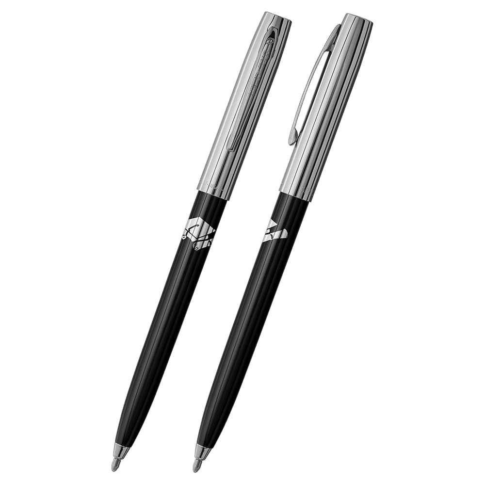 Front and side views of cap-o-matic space pen with black plastic barrel, chrome cap with clip, chrome tip, and imprinted silver cap and diploma.