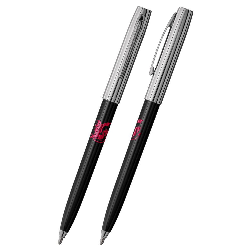 Front and side views of cap-o-matic space pen with black plastic barrel, chrome cap with clip, chrome tip, and imprinted red dragon.