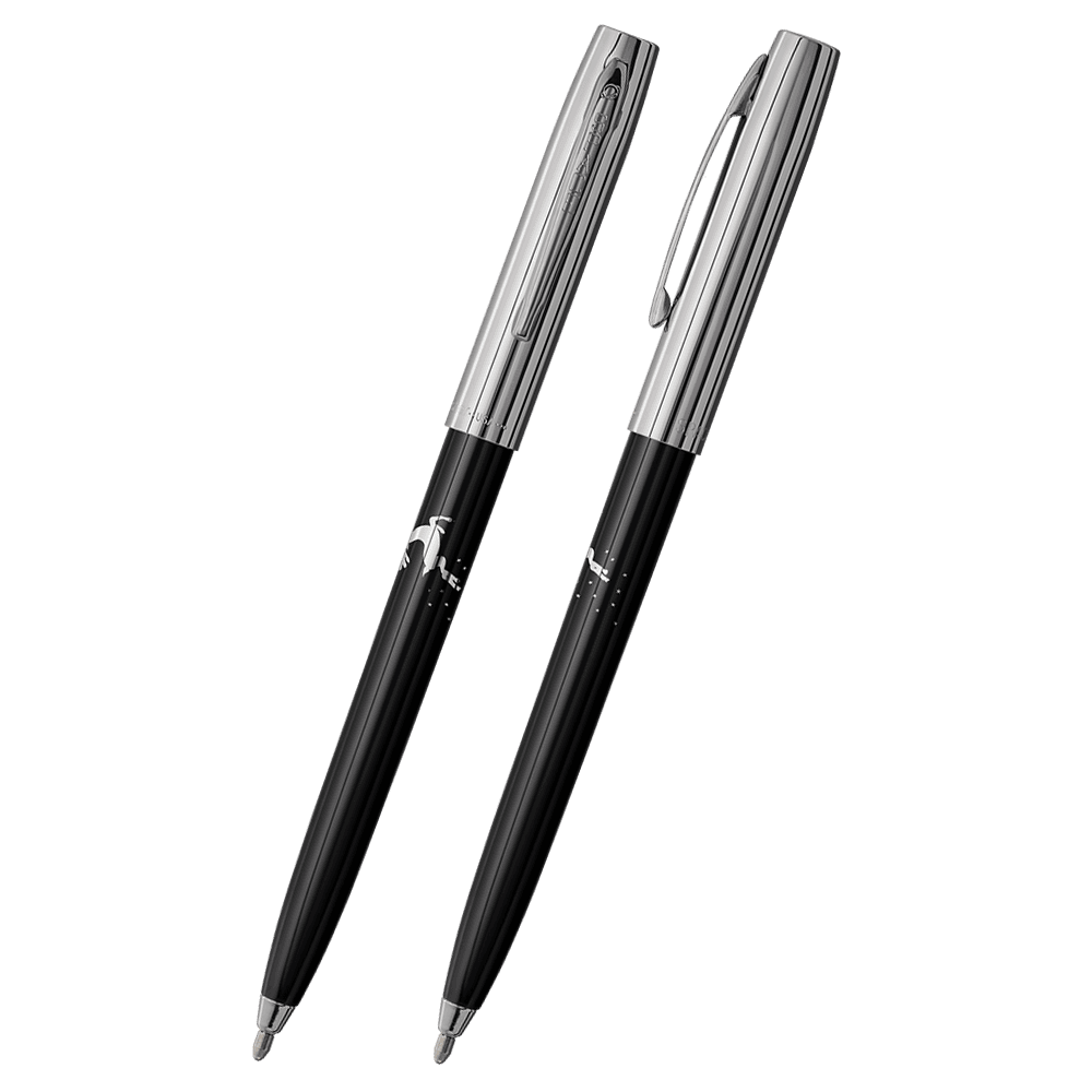 Front and side views of cap-o-matic space pen with black plastic barrel, chrome cap with clip, chrome tip, and imprinted silver reindeer.