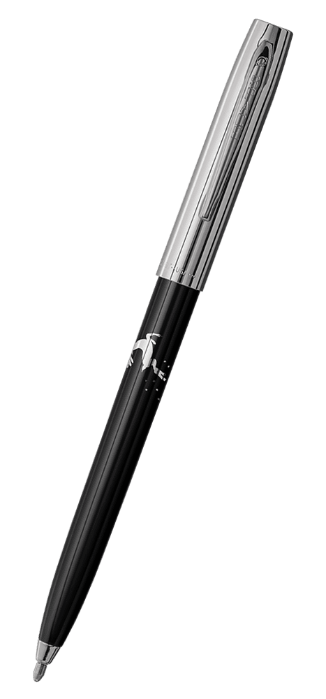 Cap-o-matic space pen with black plastic barrel, chrome cap with clip, chrome tip, and imprinted silver reindeer.