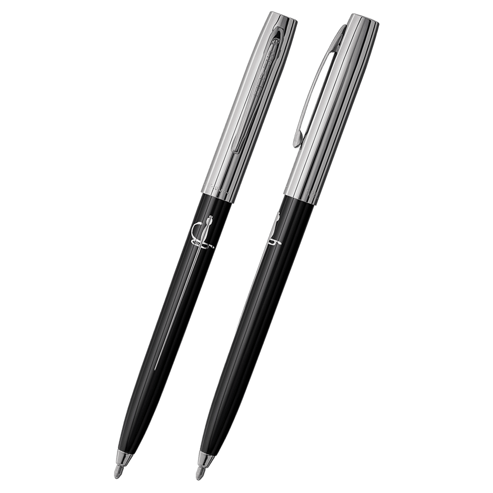 Front and side views of cap-o-matic space pen with black plastic barrel, chrome cap with clip, chrome tip, and imprinted silver sword.