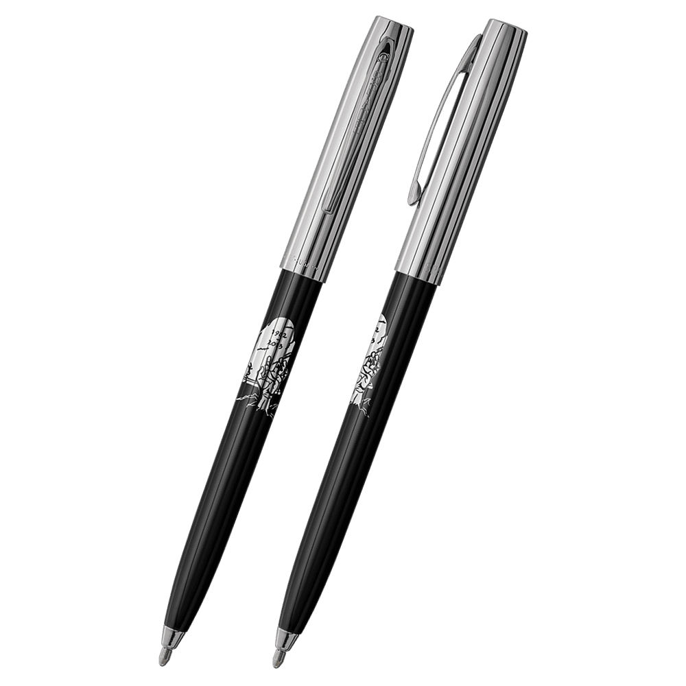 Front and side views of cap-o-matic space pen with black plastic barrel, chrome cap with clip, chrome tip, and imprinted silver headstone and zombie hand.