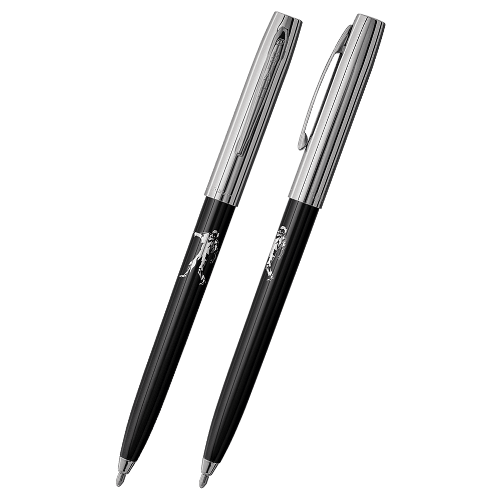 Front and side views of cap-o-matic space pen with black plastic barrel, chrome cap with clip, chrome tip, and imprinted silver zombie.