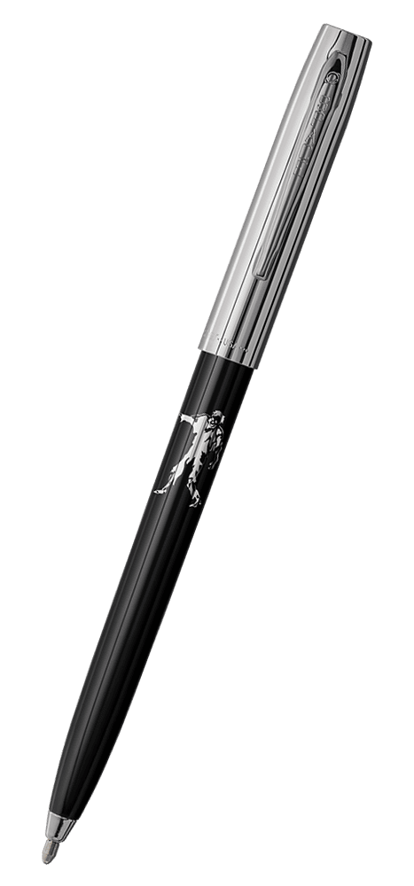Cap-o-matic space pen with black plastic barrel, chrome cap with clip, chrome tip, and imprinted silver zombie.