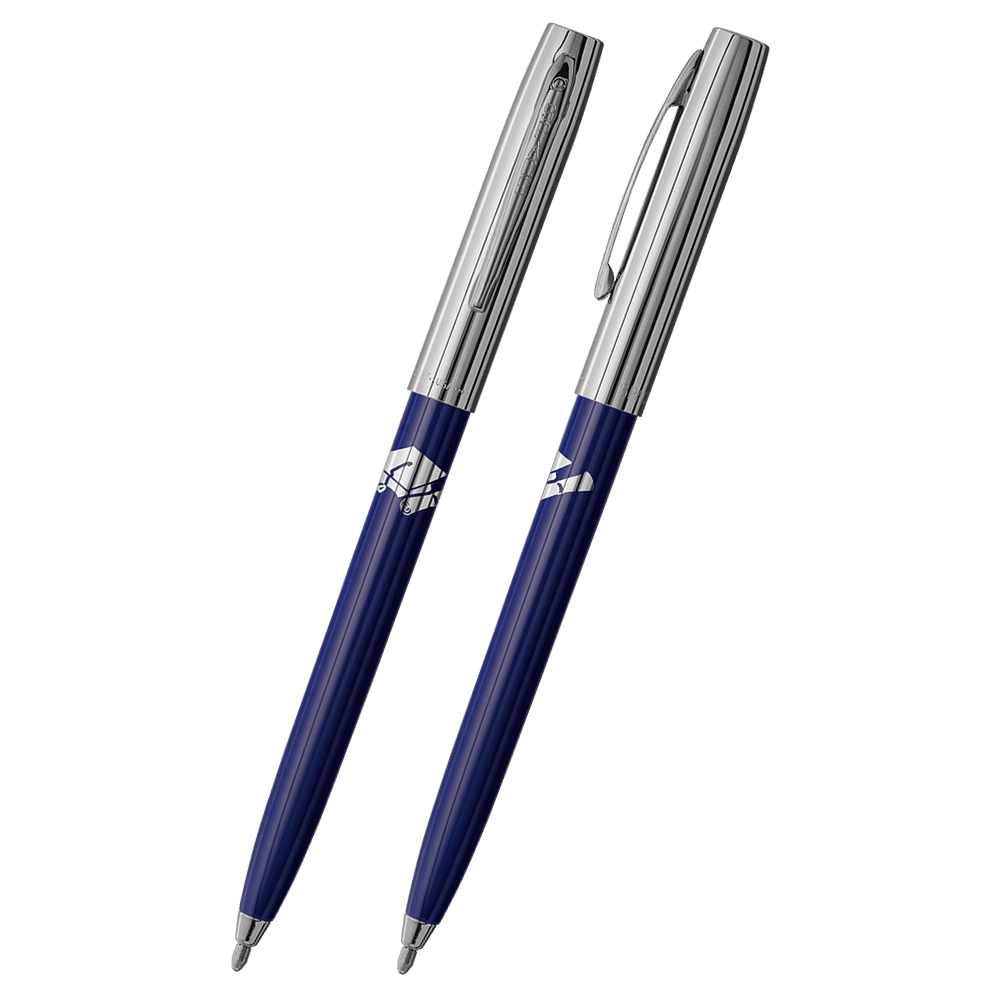 Front and side views of cap-o-matic space pen with blue plastic barrel, chrome cap with clip, chrome tip, and imprinted silver cap and diploma.