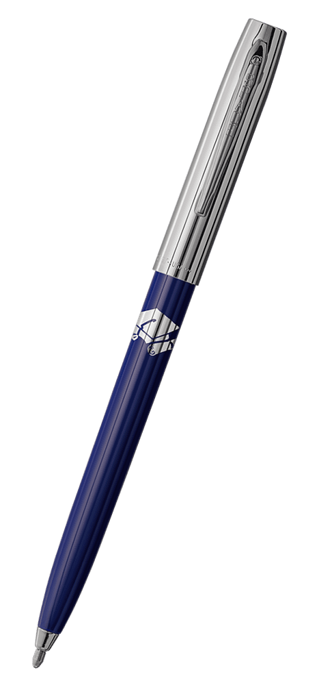 Cap-o-matic space pen with blue plastic barrel, chrome cap with clip, chrome tip, and imprinted silver cap and diploma.