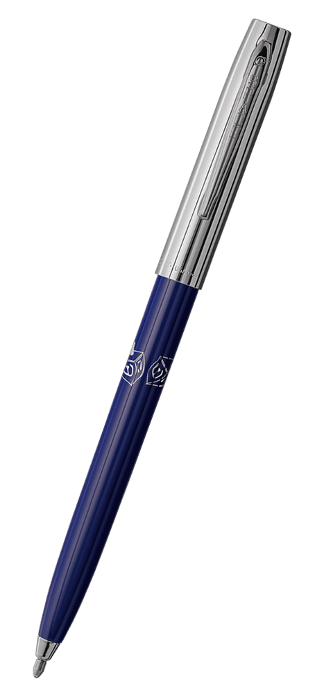 Cap-o-matic space pen with blue plastic barrel, chrome cap with clip, chrome tip, and imprinted silver dreidel.
