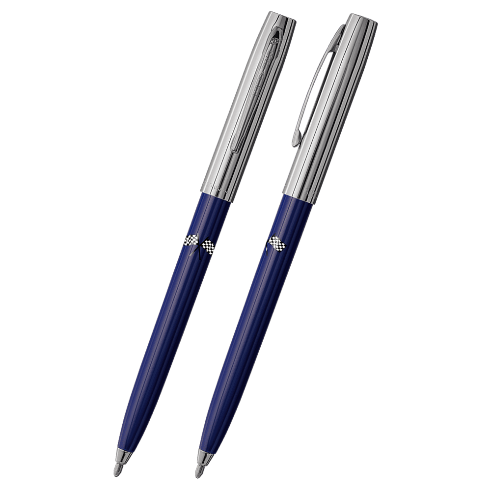 Front and side views of cap-o-matic space pen with blue plastic barrel, chrome cap with clip, chrome tip, and imprinted black and white checkered flags.