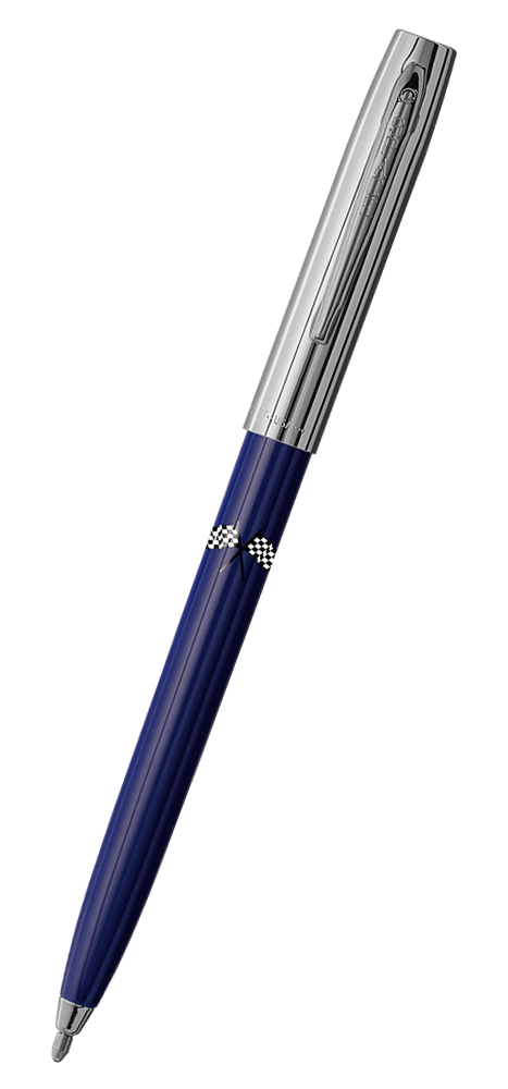 Cap-o-matic space pen with blue plastic barrel, chrome cap with clip, chrome tip, and imprinted black and white checkered flags.