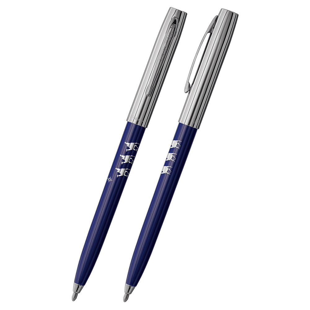 Front and side views of cap-o-matic space pen with blue plastic barrel, chrome cap with clip, chrome tip, and imprinted silver wisemen.