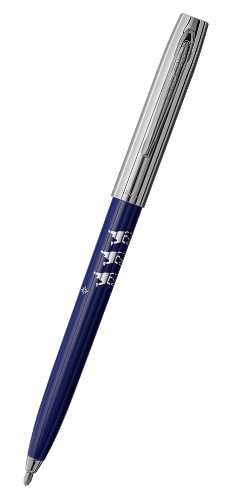 Cap-o-matic space pen with blue plastic barrel, chrome cap with clip, chrome tip, and imprinted silver wisemen.