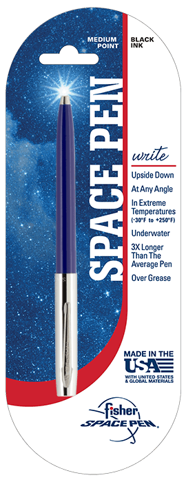 Cap-o-matic space pen with blue plastic barrel, chrome cap with clip, and chrome tip in packaging with a white and blue background with a galaxy print, a red stripe, and the Fisher Space Pen logo in the bottom right.
