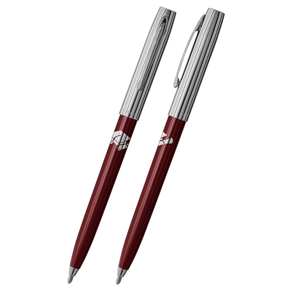 Front and side views of cap-o-matic space pen with burgundy plastic barrel, chrome cap with clip, chrome tip, and imprinted silver cap and diploma.