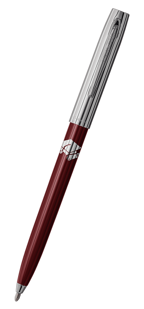 Cap-o-matic space pen with burgundy plastic barrel, chrome cap with clip, chrome tip, and imprinted silver cap and diploma.