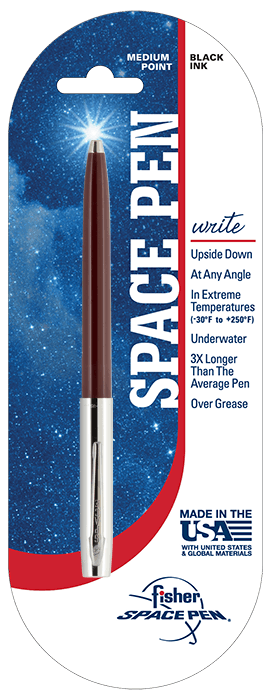 Cap-o-matic space pen with burgundy plastic barrel, chrome cap with clip, and chrome tip in packaging with a white and blue background with a galaxy print, a red stripe, and the Fisher Space Pen logo in the bottom right.