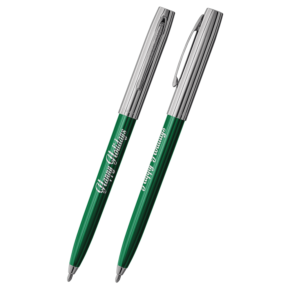 Front and side views of cap-o-matic space pen with green plastic barrel, chrome cap with clip, chrome tip, and imprinted silver Happy Holidays.