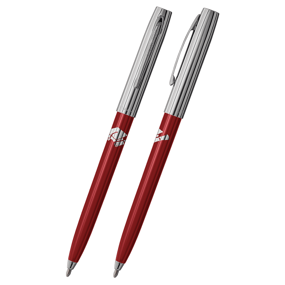 Front and side views of cap-o-matic space pen with red plastic barrel, chrome cap with clip, chrome tip, and imprinted silver cap and diploma.