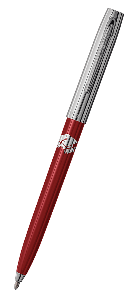 Cap-o-matic space pen with red plastic barrel, chrome cap with clip, chrome tip, and imprinted silver cap and diploma.