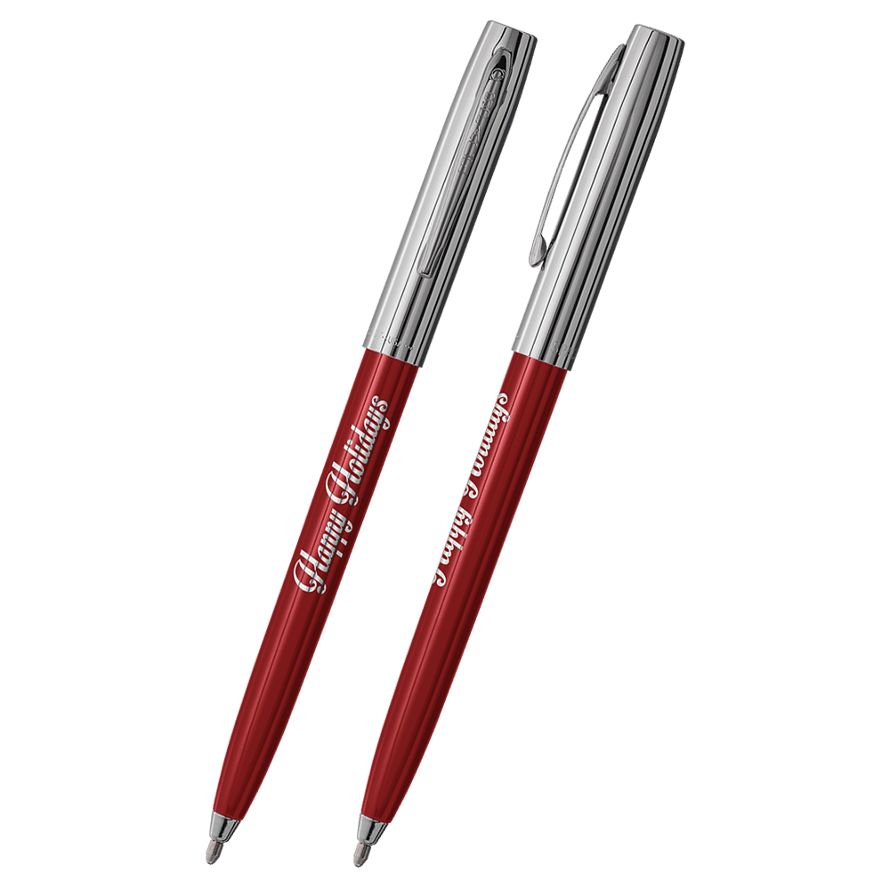 Front and side views of cap-o-matic space pen with red plastic barrel, chrome cap with clip, chrome tip, and imprinted silver Happy Holidays.
