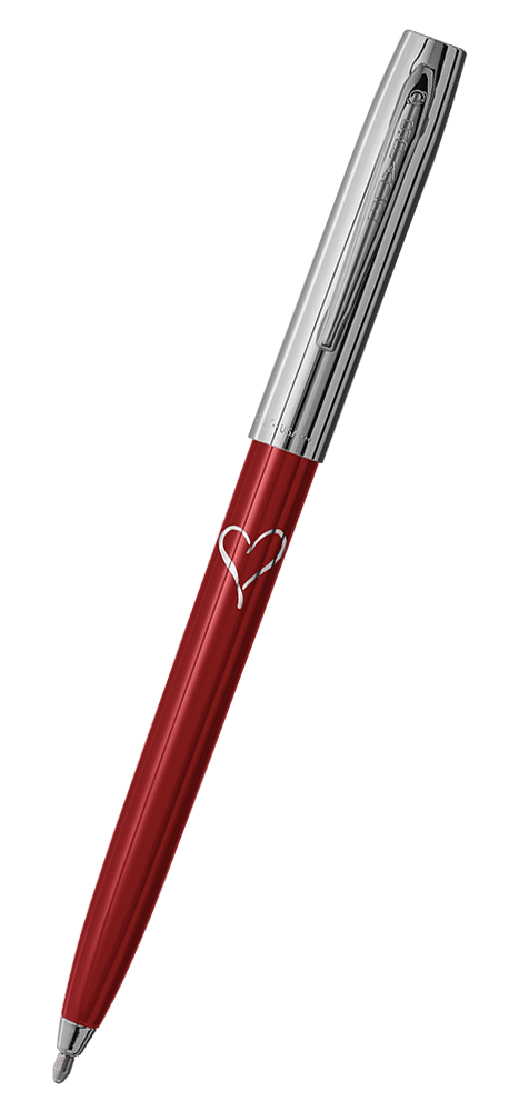 Cap-o-matic space pen with red plastic barrel, chrome cap with clip, chrome tip, and imprinted silver heart.