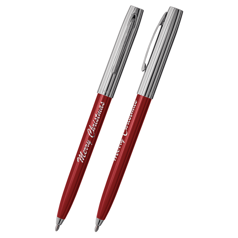 Front and side views of cap-o-matic space pen with red plastic barrel, chrome cap with clip, chrome tip, and imprinted silver Merry Christmas.
