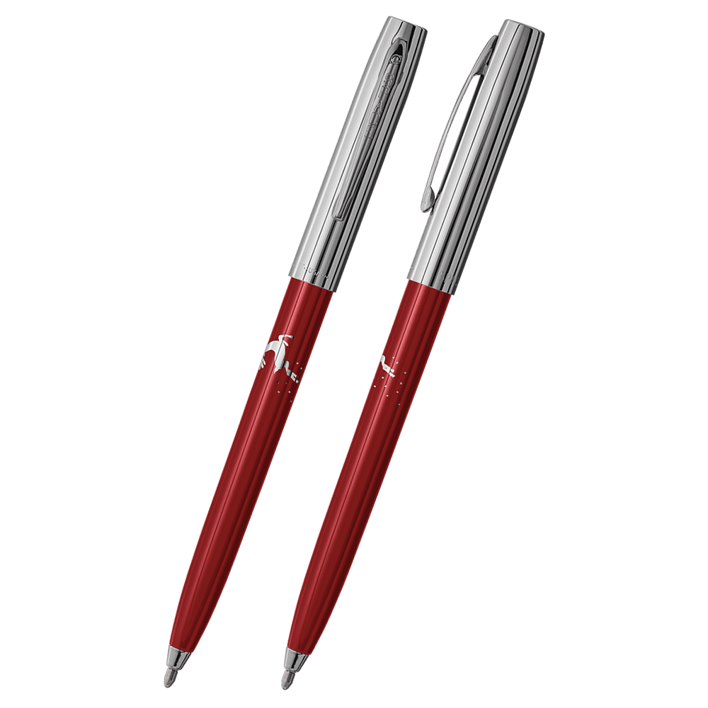 Front and side views of cap-o-matic space pen with red plastic barrel, chrome cap with clip, chrome tip, and imprinted silver reindeer.