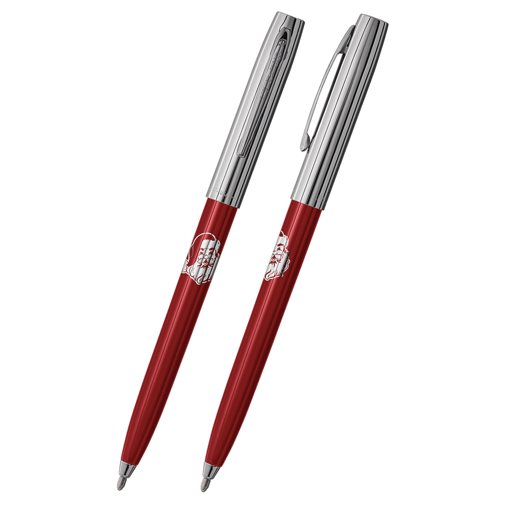 Front and side views of cap-o-matic space pen with red plastic barrel, chrome cap with clip, chrome tip, and imprinted silver Santa Claus.