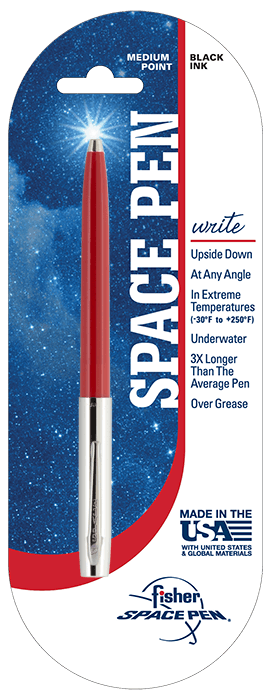 Cap-o-matic space pen with red plastic barrel, chrome cap with clip, and chrome tip in packaging with a white and blue background with a galaxy print, a red stripe, and the Fisher Space Pen logo in the bottom right.