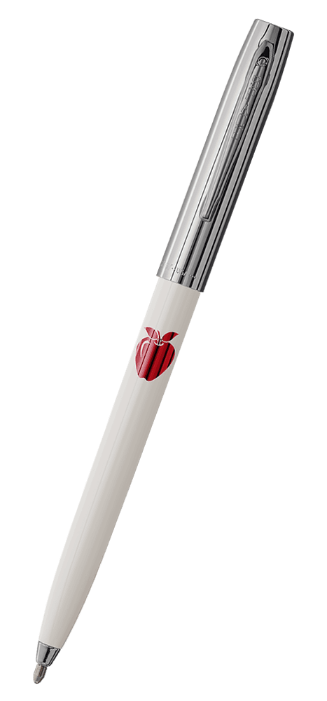 Cap-o-matic space pen with white plastic barrel, chrome cap with clip, chrome tip, and imprinted red apple.