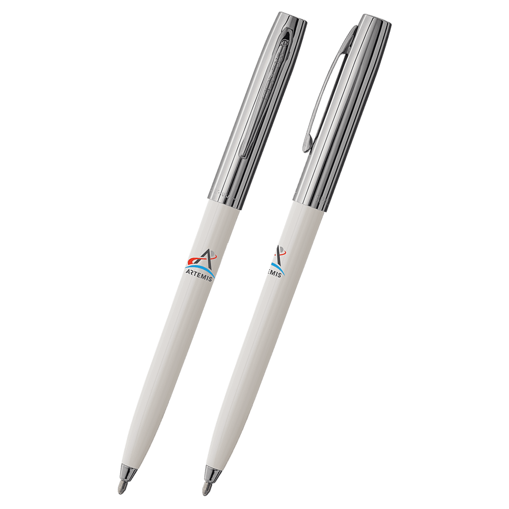 Front and side views of cap-o-matic space pen with white plastic barrel, chrome cap with clip, chrome tip, and imprinted Artemis logo.