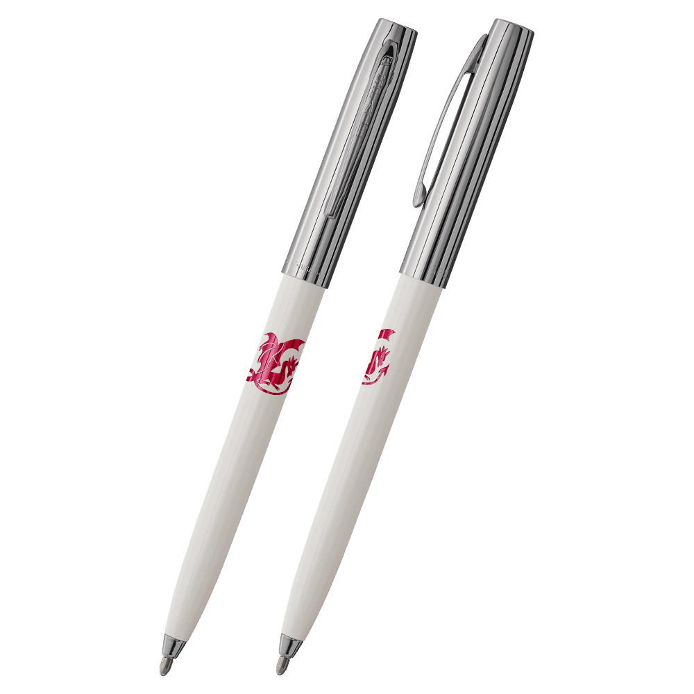 Front and side views of cap-o-matic space pen with white plastic barrel, chrome cap with clip, chrome tip, and imprinted red dragon.