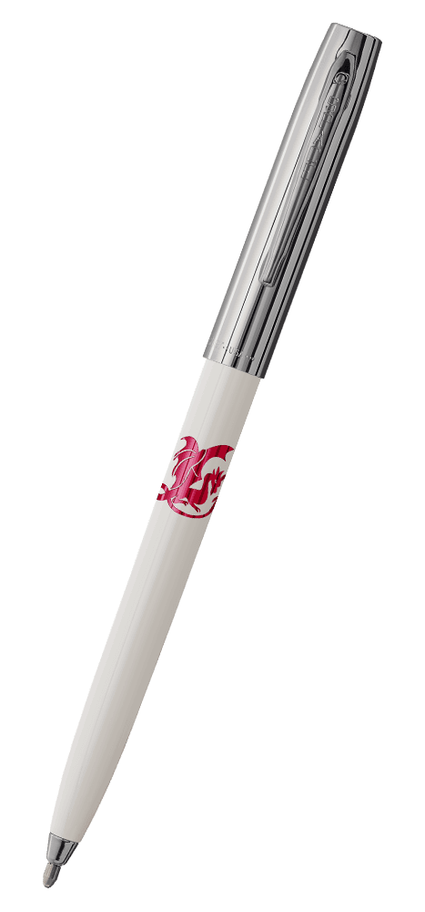 Cap-o-matic space pen with white plastic barrel, chrome cap with clip, chrome tip, and imprinted red dragon.