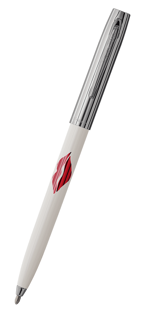 Cap-o-matic space pen with white plastic barrel, chrome cap with clip, chrome tip, and imprinted red kiss.
