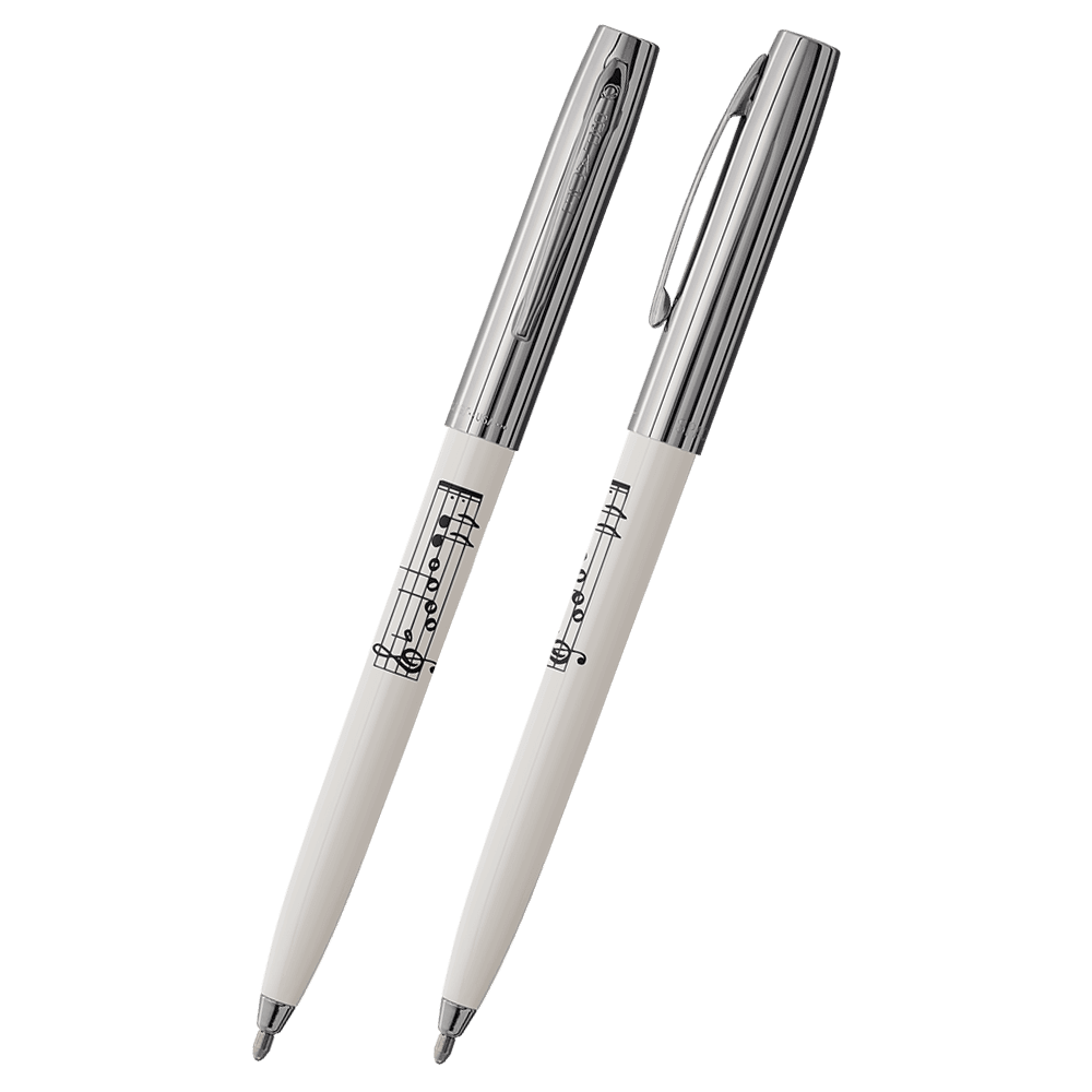 Front and side views of cap-o-matic space pen with white plastic barrel, chrome cap with clip, chrome tip, and imprinted black musical bar and notes.