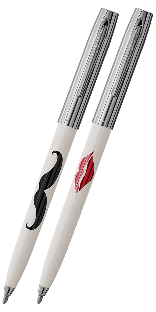 Cap-o-matic space pens with white plastic barrels, chrome caps, clips, and tips. One is imprinted with a black mustache; the other is imprinted with a red kiss.