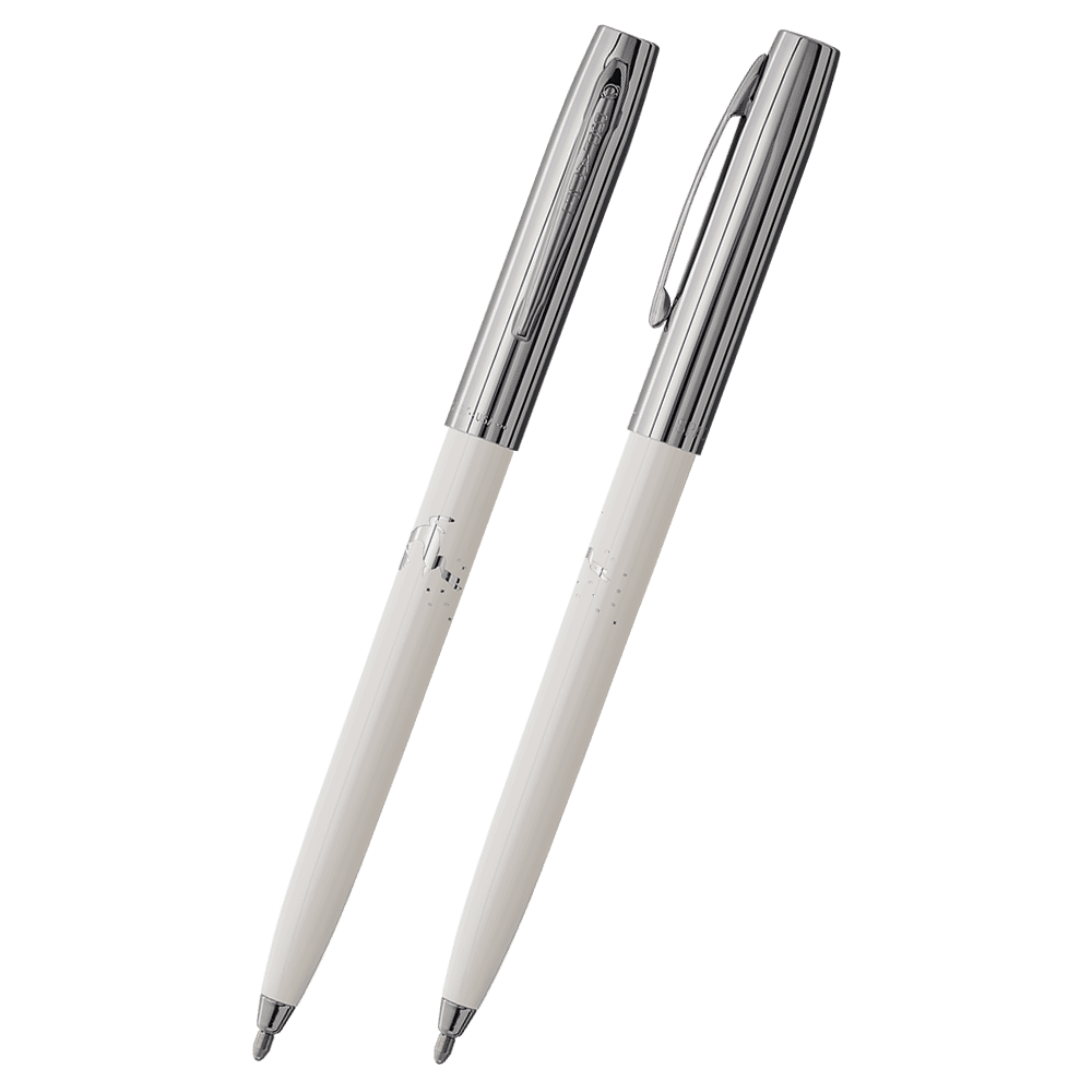 Front and side views of cap-o-matic space pen with white plastic barrel, chrome cap with clip, chrome tip, and imprinted silver reindeer.