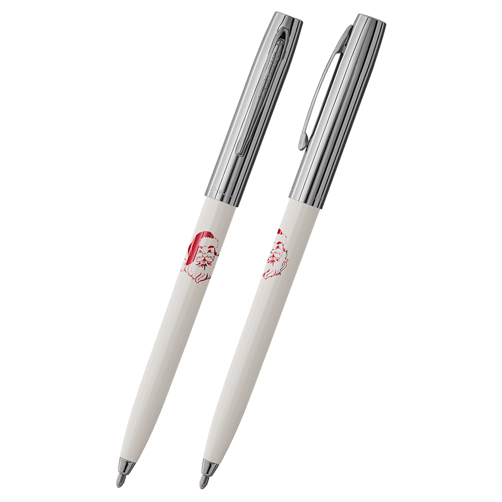 Front and side views of cap-o-matic space pen with white plastic barrel, chrome cap with clip, chrome tip, and imprinted red Santa Claus.