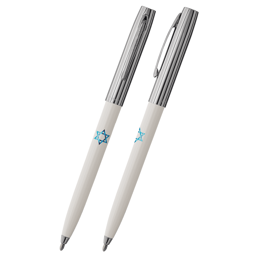 Front and side views of cap-o-matic space pen with white plastic barrel, chrome cap with clip, chrome tip, and imprinted blue Star of David.