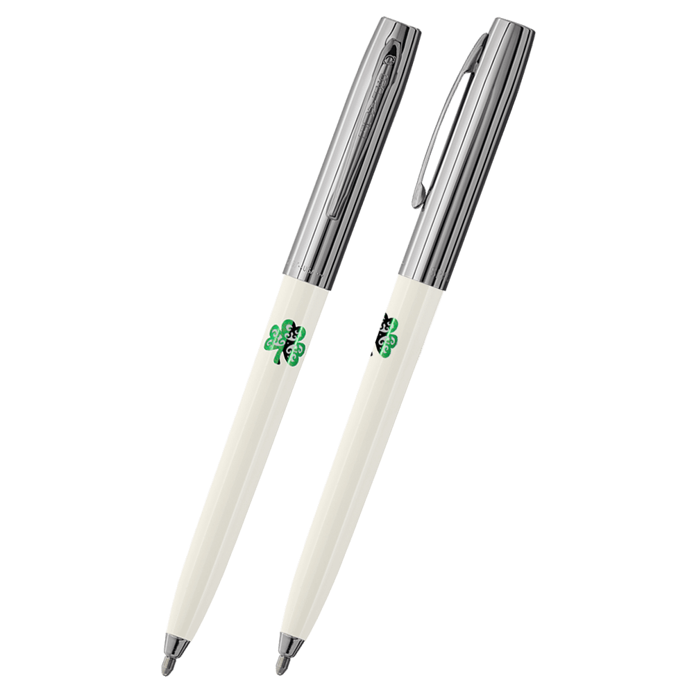 Front and side views of cap-o-matic space pen with white plastic barrel, chrome cap with clip, chrome tip, and imprinted green shamrock.