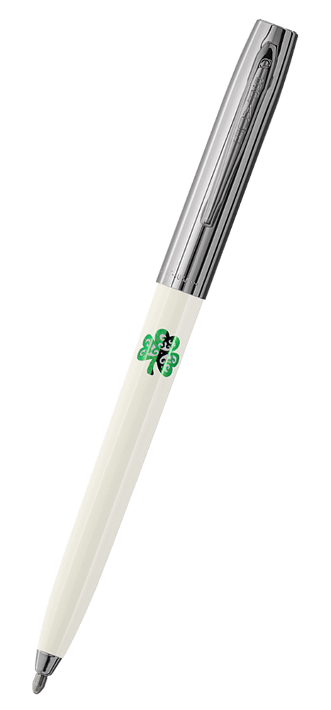 Cap-o-matic space pen with white plastic barrel, chrome cap with clip, chrome tip, and imprinted green shamrock.