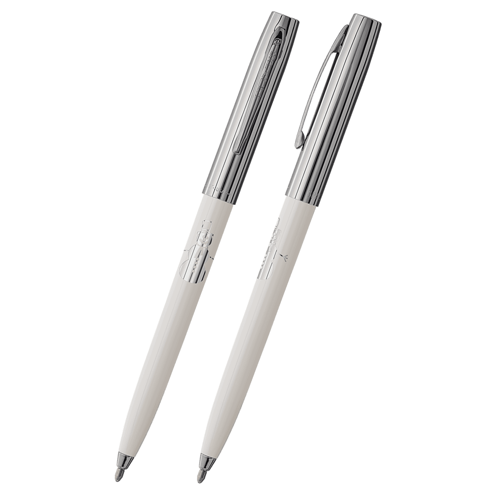 Front and side views of cap-o-matic space pen with white plastic barrel, chrome cap with clip, chrome tip, and imprinted silver snowman.