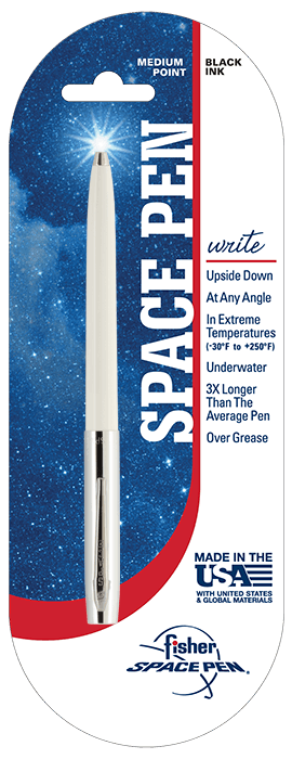 Cap-o-matic space pen with white plastic barrel, chrome cap with clip, and chrome tip in packaging with a white and blue background with a galaxy print, a red stripe, and the Fisher Space Pen logo in the bottom right.