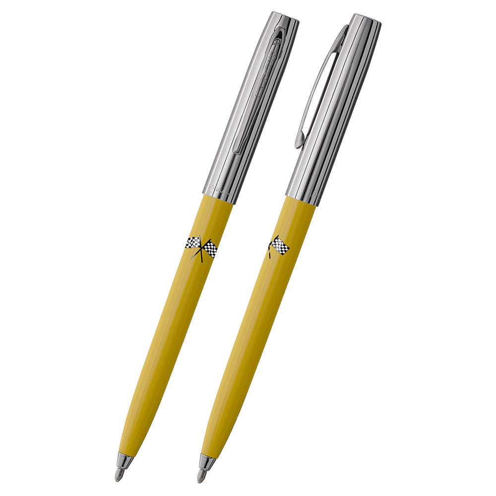 Front and side views of cap-o-matic space pen with yellow plastic barrel, chrome cap with clip, chrome tip, and imprinted black and white checkered flags.