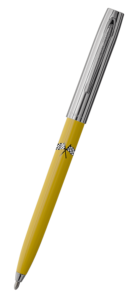 Cap-o-matic space pen with yellow plastic barrel, chrome cap with clip, chrome tip, and imprinted black and white checkered flags.