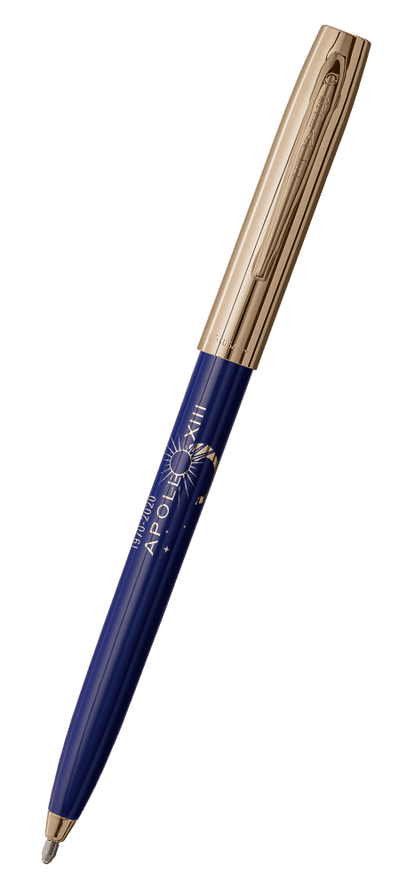 Cap-o-matic space pen with blue plastic barrel, gold colored cap with clip, gold colored tip, and imprinted gold Apollo 13 50th Anniversary.