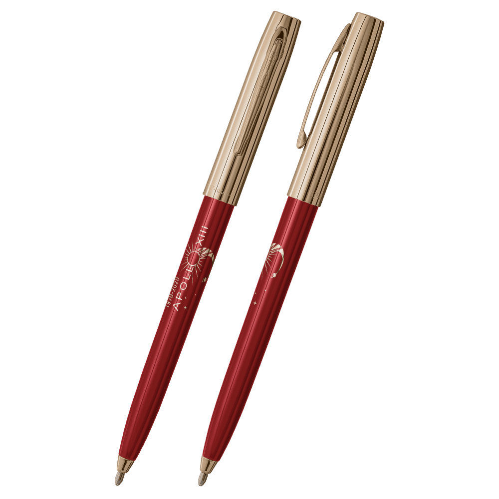 Front and side views of cap-o-matic space pen with red plastic barrel, gold colored cap with clip, gold colored tip, and imprinted gold Apollo 13 50th Anniversary.
