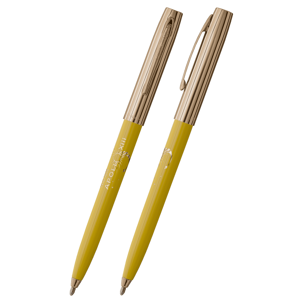 Front and side views of cap-o-matic space pen with yellow plastic barrel, gold colored cap with clip, gold colored tip, and imprinted gold Apollo 13 50th Anniversary.