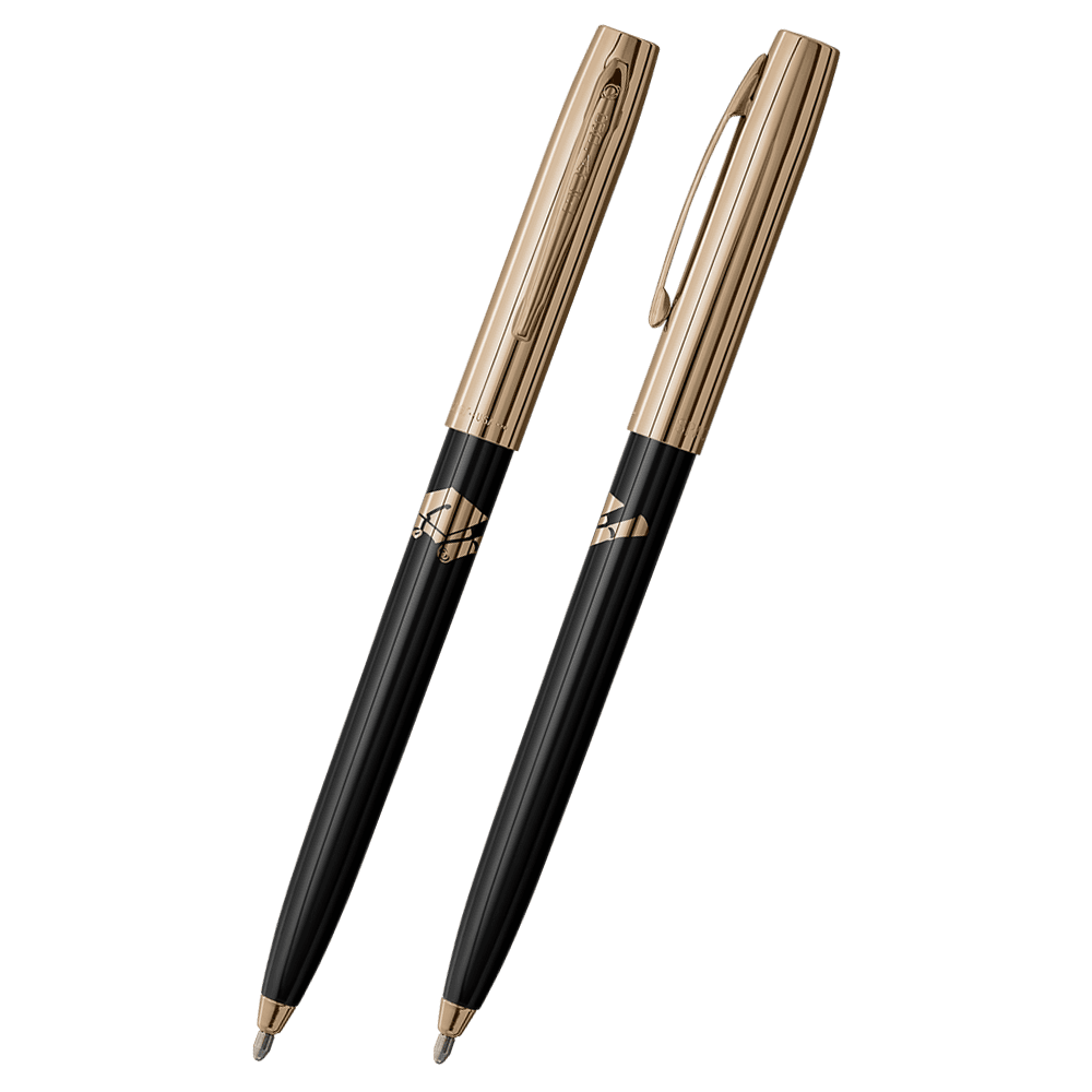 Front and side views of cap-o-matic space pen with black plastic barrel, gold colored cap with clip, gold colored tip, and imprinted gold cap and diploma.